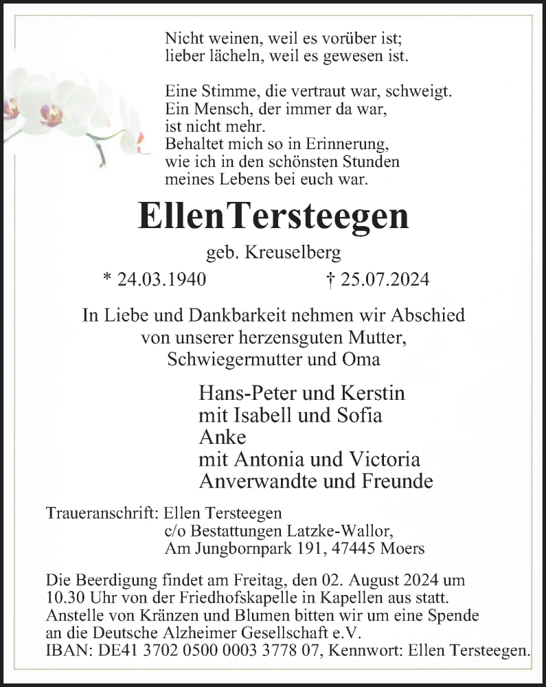  Traueranzeige für Ellen Tersteegen vom 30.07.2024 aus Tageszeitung