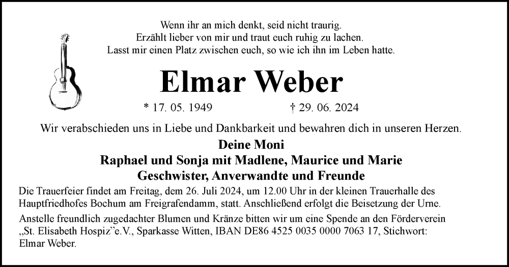  Traueranzeige für Elmar Weber vom 13.07.2024 aus Tageszeitung