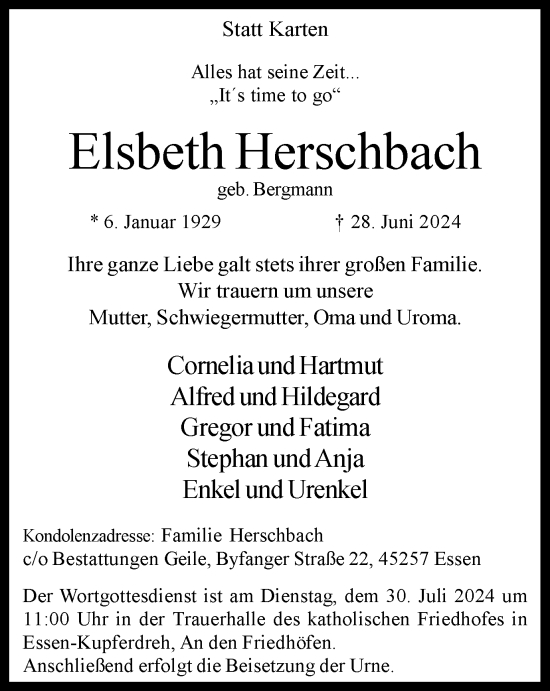 Traueranzeige von Elsbeth Herschbach von Tageszeitung
