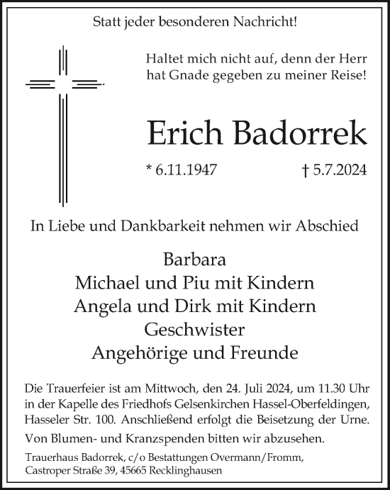 Traueranzeige von Erich Badorrek von Tageszeitung