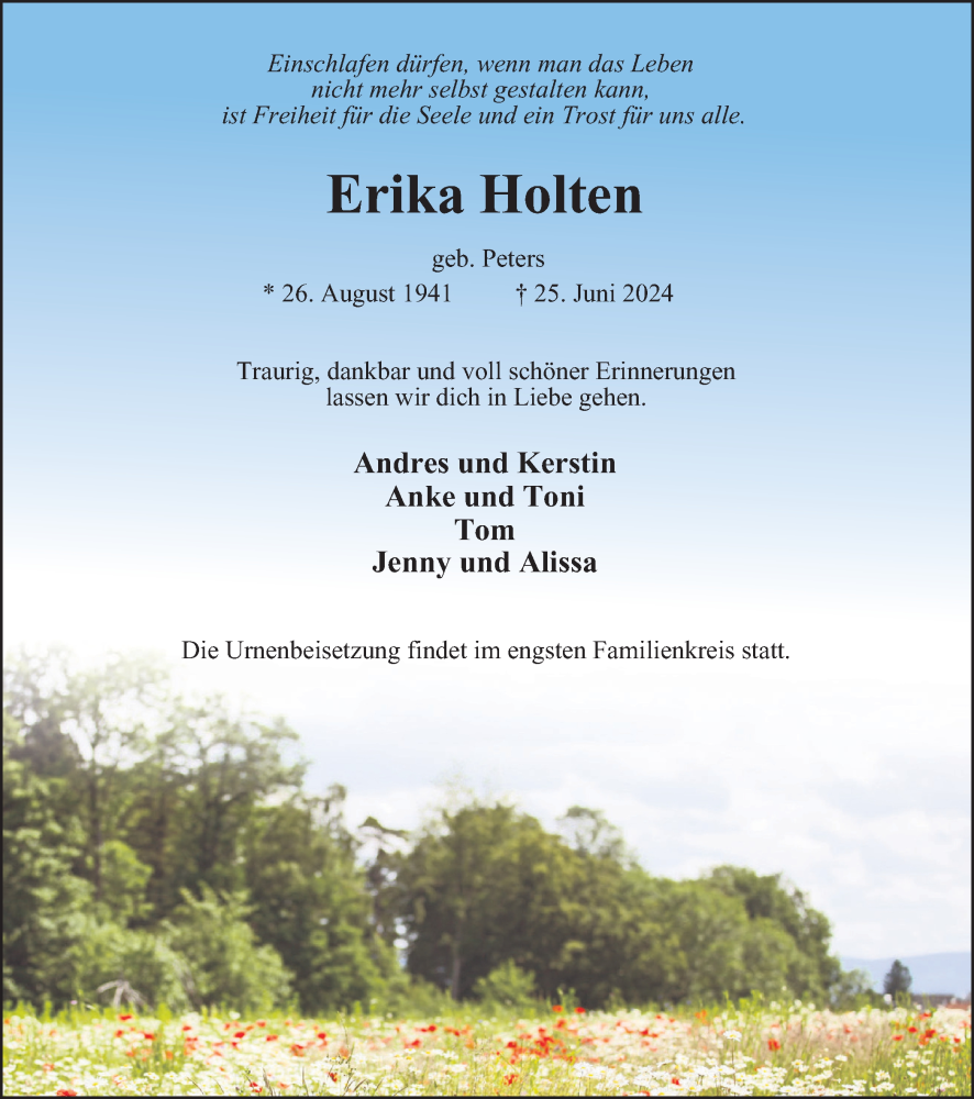  Traueranzeige für Erika Holten vom 06.07.2024 aus Tageszeitung