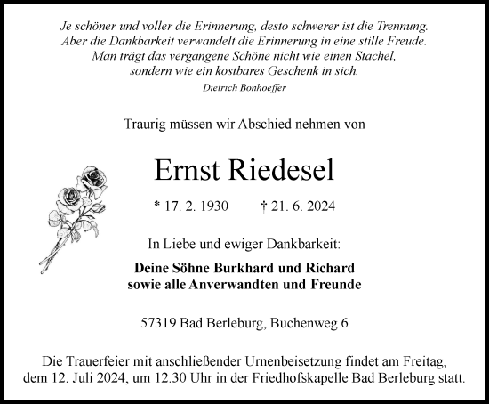 Traueranzeige von Ernst Riedesel von Tageszeitung