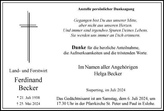Traueranzeige von Ferdinand Becker von Tageszeitung