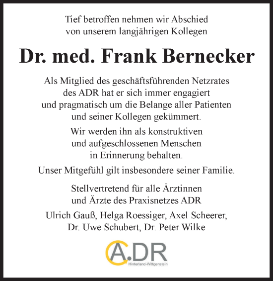 Traueranzeige von Frank Bernecker von Tageszeitung