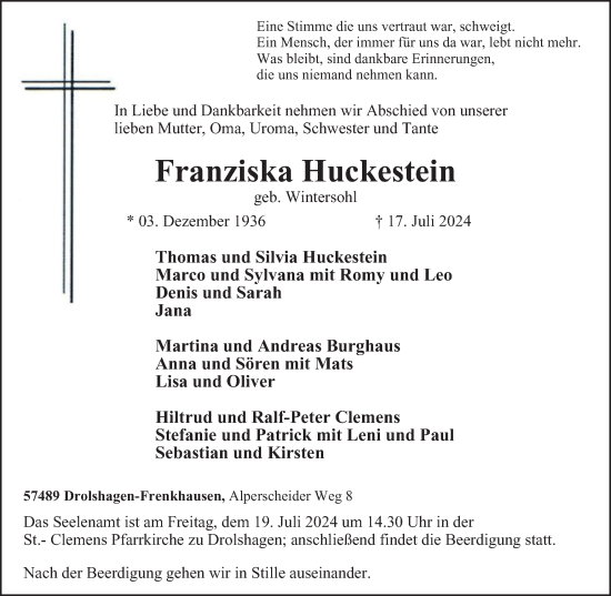 Traueranzeige von Franziska Huckestein von Tageszeitung