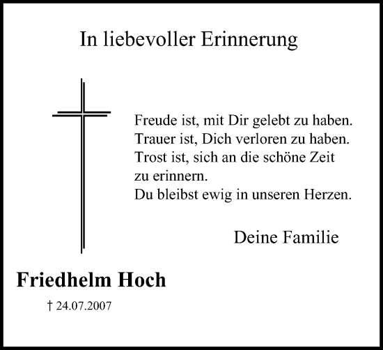 Traueranzeige von Friedhelm Hoch von Tageszeitung