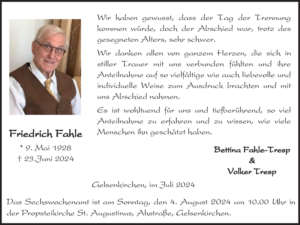  Traueranzeige für Friedrich Fahle vom 20.07.2024 aus Tageszeitung