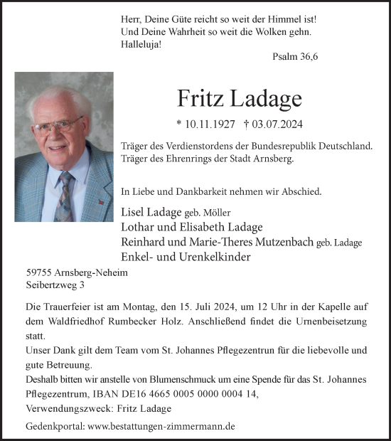 Traueranzeige von Fritz Ladage von Tageszeitung