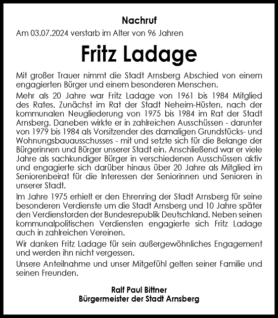 Traueranzeige von Fritz Ladage von Tageszeitung