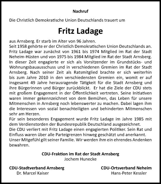 Traueranzeige von Fritz Ladage von Tageszeitung