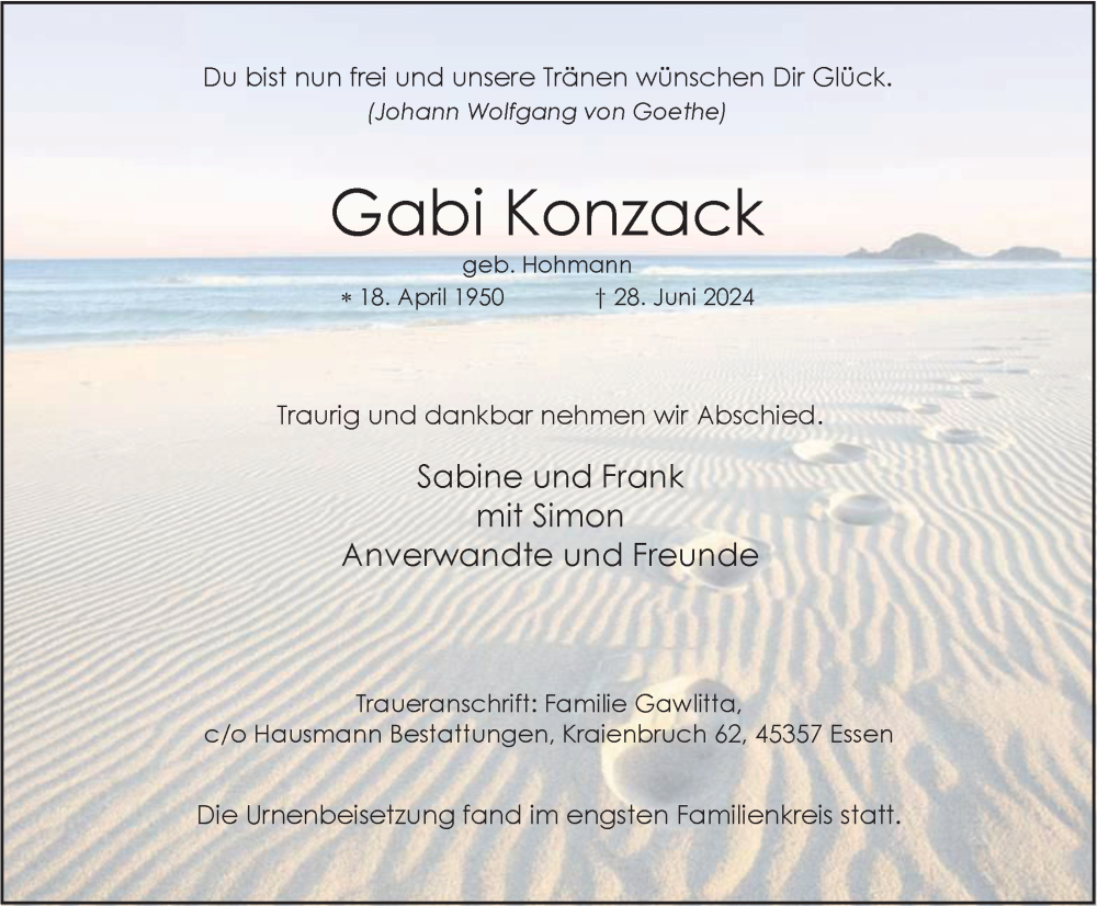  Traueranzeige für Gabi Konzack vom 20.07.2024 aus Tageszeitung