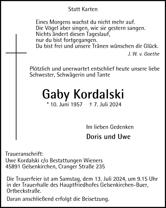 Traueranzeige von Gaby Kordalski von Tageszeitung