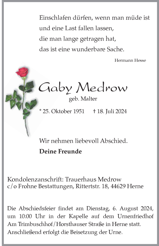 Traueranzeige von Gaby Medrow von Tageszeitung