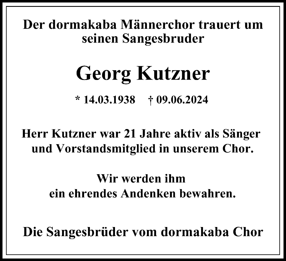  Traueranzeige für Georg Kutzner vom 13.07.2024 aus Tageszeitung