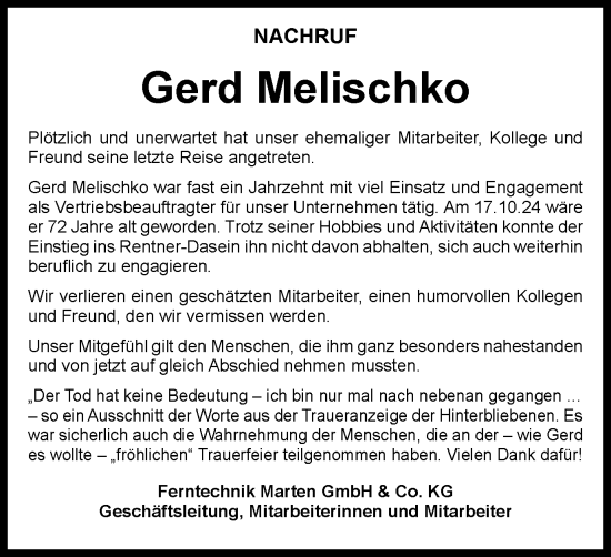 Traueranzeige von Gerd Melischko von Tageszeitung