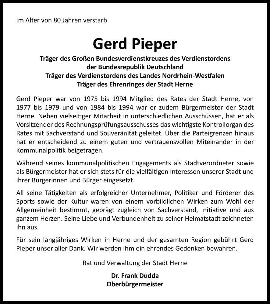  Traueranzeige für Gerd Pieper vom 13.07.2024 aus Tageszeitung