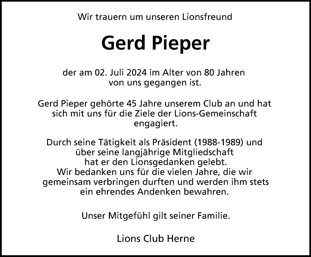  Traueranzeige für Gerd Pieper vom 13.07.2024 aus Tageszeitung