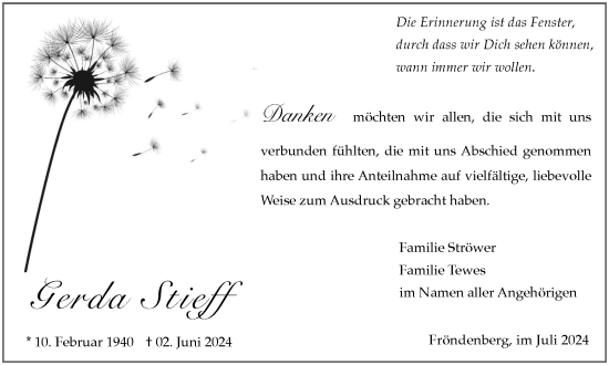 Traueranzeige von Gerda Stieff von Tageszeitung