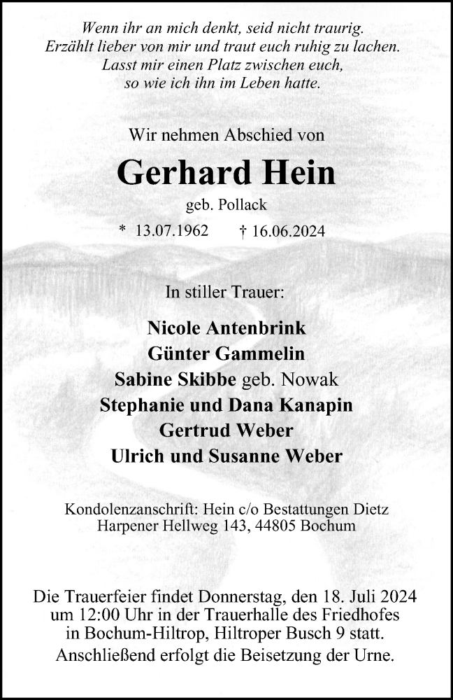  Traueranzeige für Gerhard Hein vom 13.07.2024 aus Tageszeitung