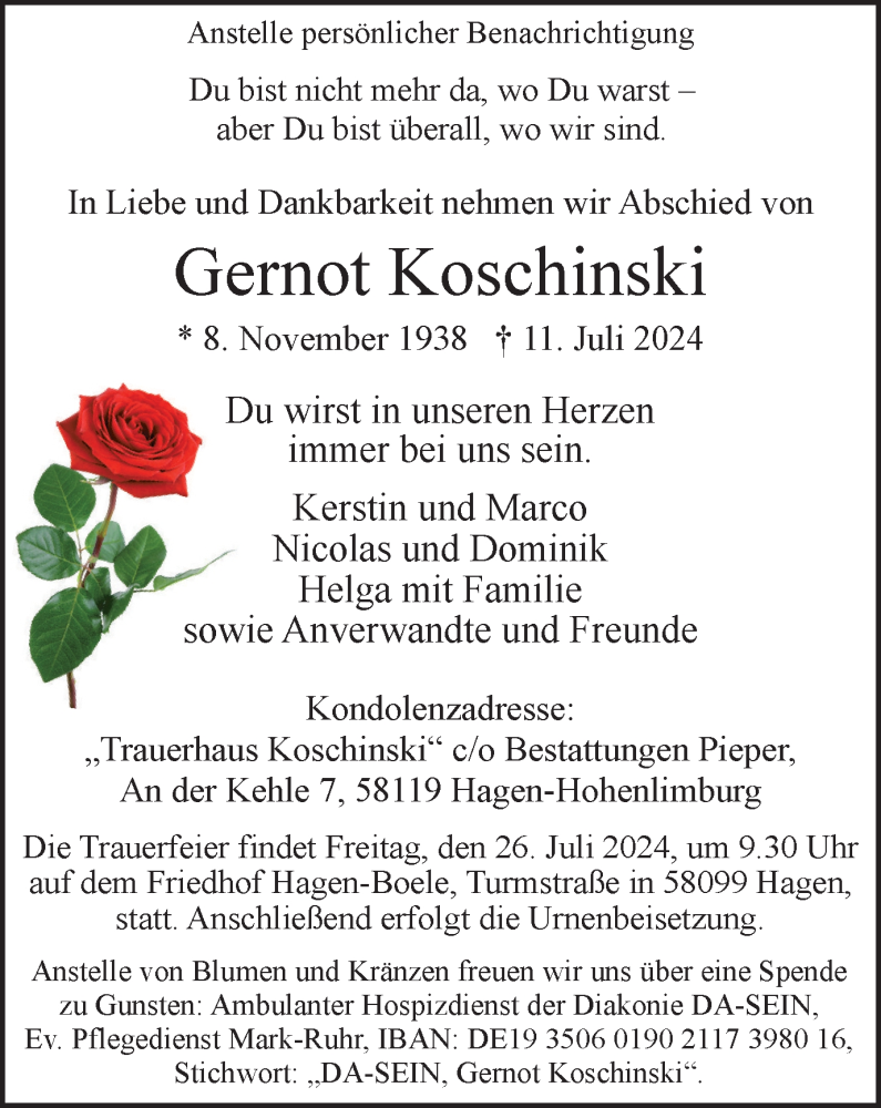  Traueranzeige für Gernot Koschinski vom 20.07.2024 aus Tageszeitung