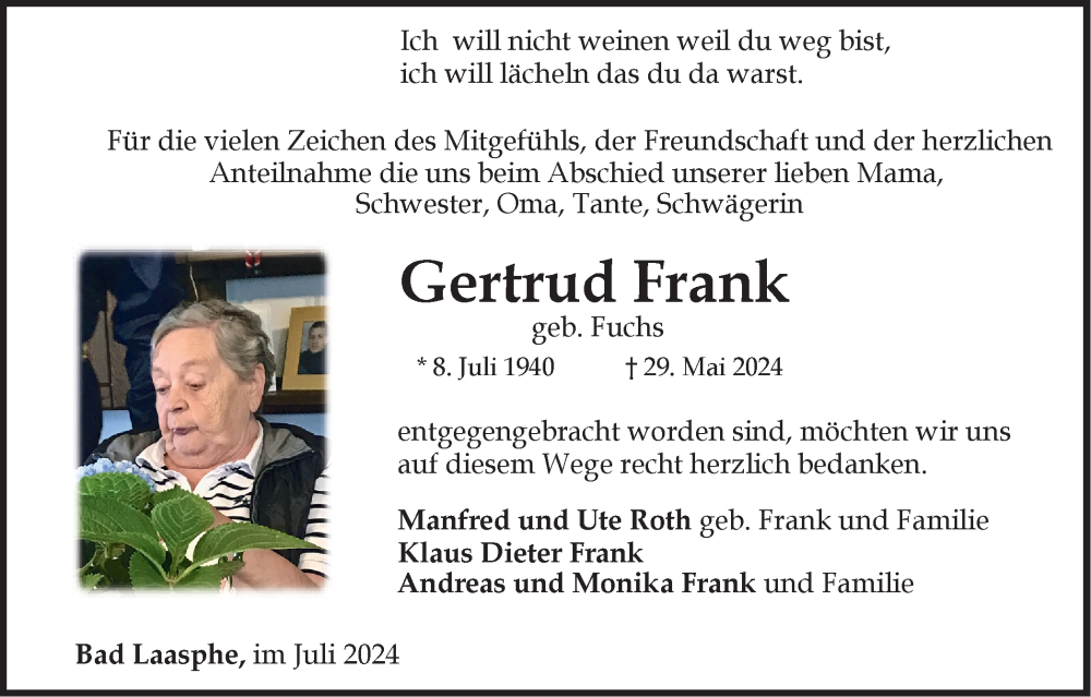  Traueranzeige für Gertrud Frank vom 31.07.2024 aus Tageszeitung