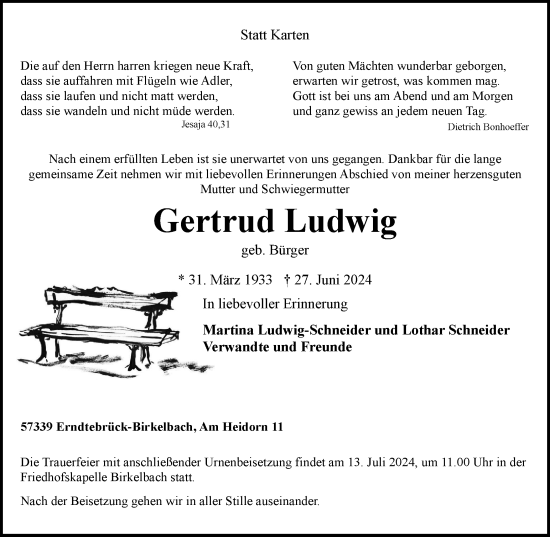 Traueranzeige von Gertrud Ludwig von Tageszeitung