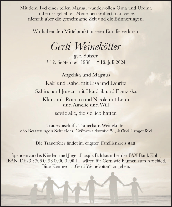 Traueranzeige von Gertrud Weinekötter von Tageszeitung