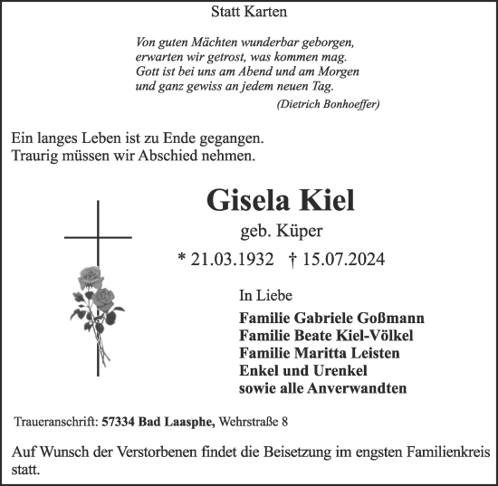 Traueranzeige von Gisela Kiel von Tageszeitung