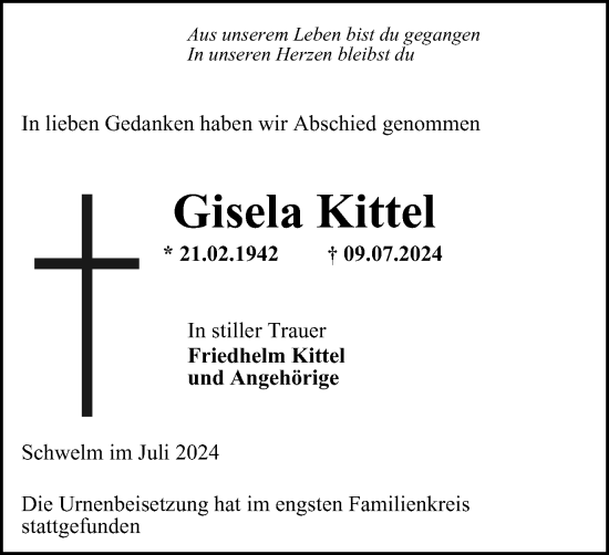 Traueranzeige von Gisela Kittel von Tageszeitung