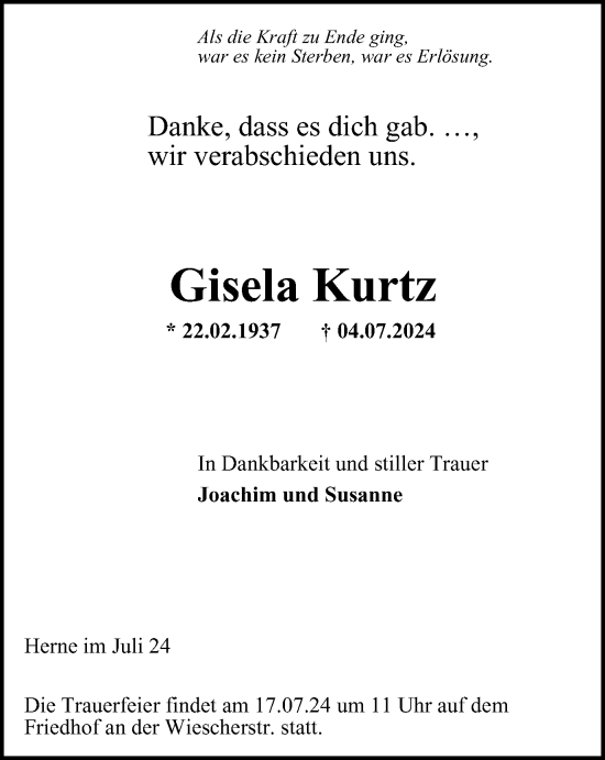 Traueranzeige von Gisela Kurtz von Tageszeitung