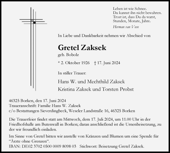 Traueranzeige von Gretel Zaksek von Tageszeitung