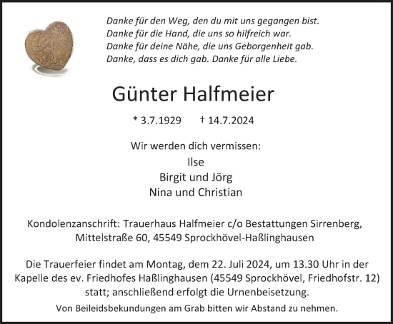 Traueranzeige von Günter Halfmeier von Tageszeitung