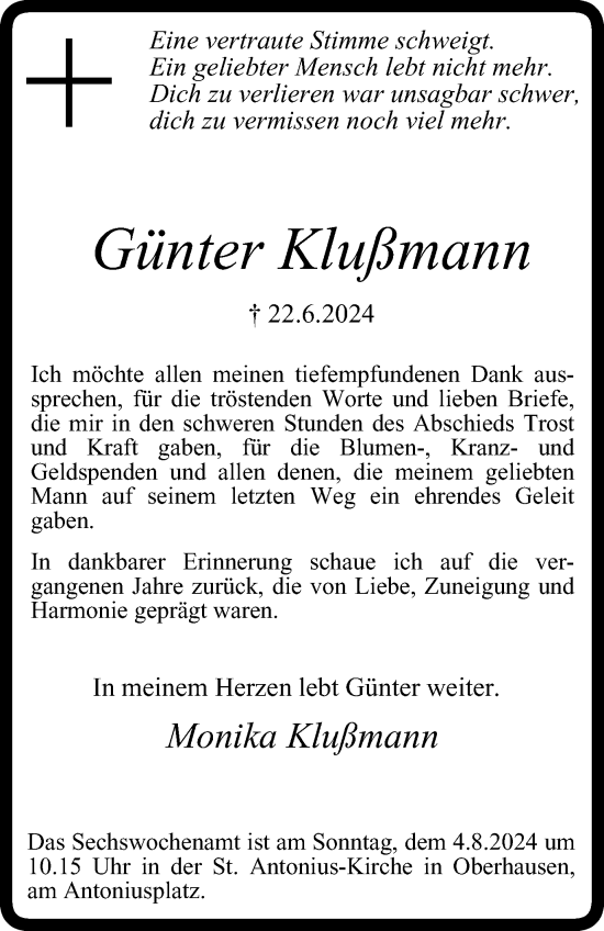 Traueranzeige von Günter Klußmann von Tageszeitung