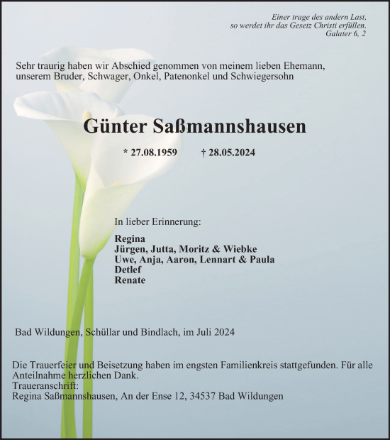 Traueranzeige von Günter Saßmannshausen von Tageszeitung