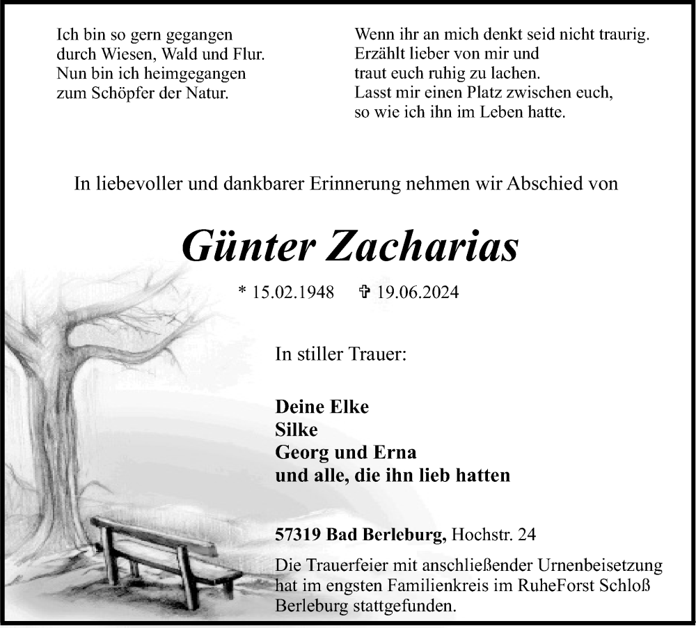  Traueranzeige für Günter Zacharias vom 05.07.2024 aus Tageszeitung
