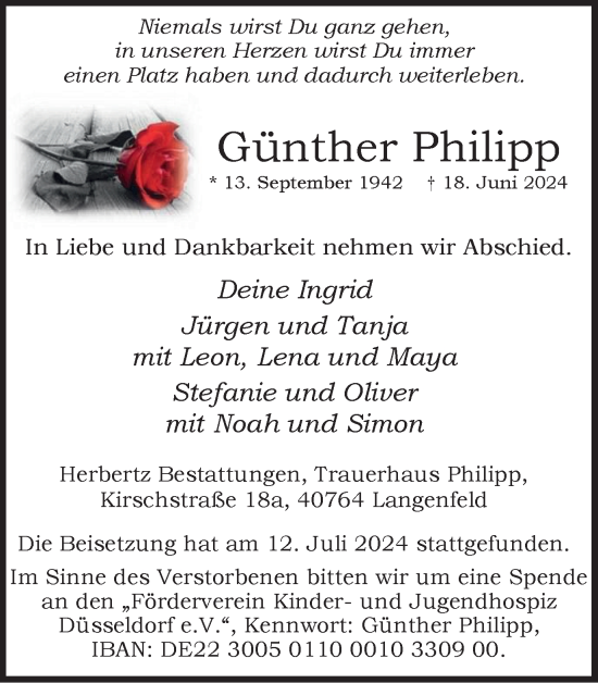 Traueranzeige von Günther Philipp von Tageszeitung