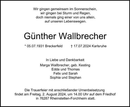 Traueranzeige von Günther Wallbrecher von Tageszeitung