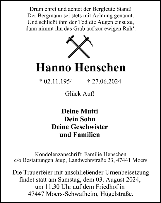 Traueranzeige von Hanno Henschen von Tageszeitung