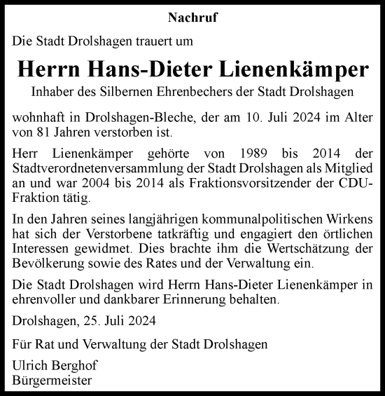 Traueranzeige von Hans-Dieter Lienenkämper von Tageszeitung