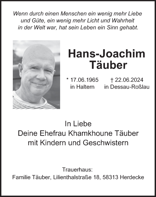 Traueranzeige von Hans-Joachim Täuber von Tageszeitung