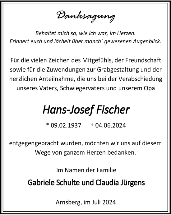 Traueranzeige von Hans-Josef Fischer von Tageszeitung