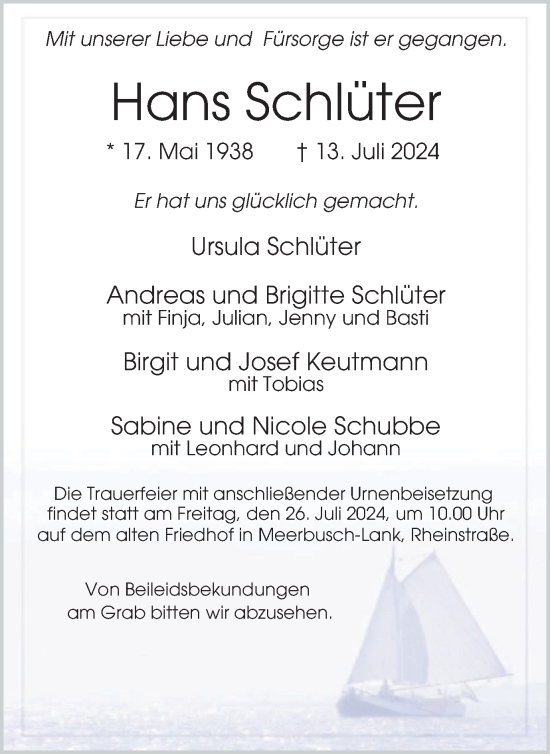 Traueranzeige von Hans Schlüter von Tageszeitung