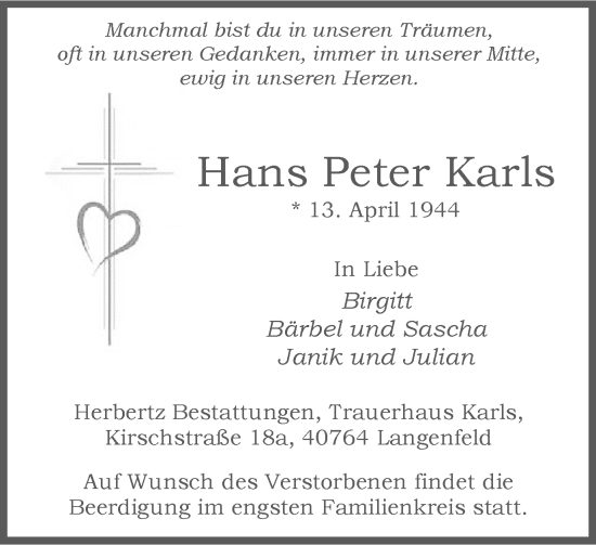 Traueranzeige von Hans Peter Karls von Tageszeitung