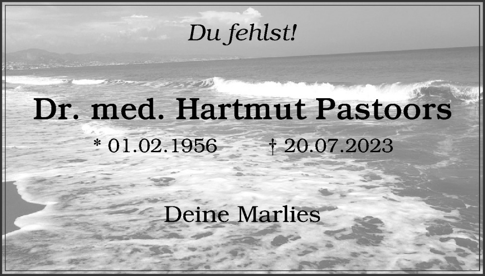  Traueranzeige für Hartmut Pastoors vom 20.07.2024 aus Tageszeitung