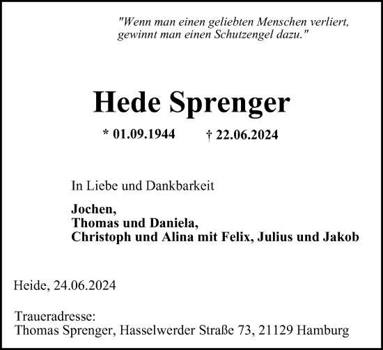 Traueranzeige von Hede Sprenger von Tageszeitung