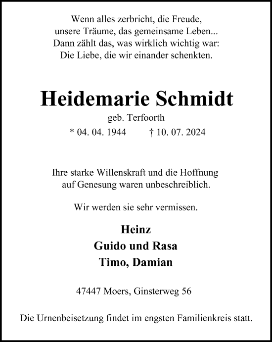 Traueranzeige von Heidemarie Schmidt von Tageszeitung