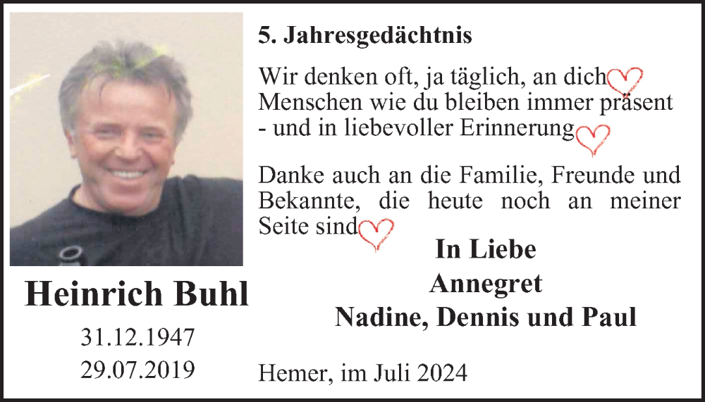  Traueranzeige für Heinrich Buhl vom 29.07.2024 aus Tageszeitung