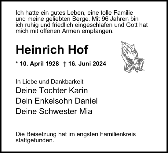 Traueranzeige von Heinrich Hof von Tageszeitung