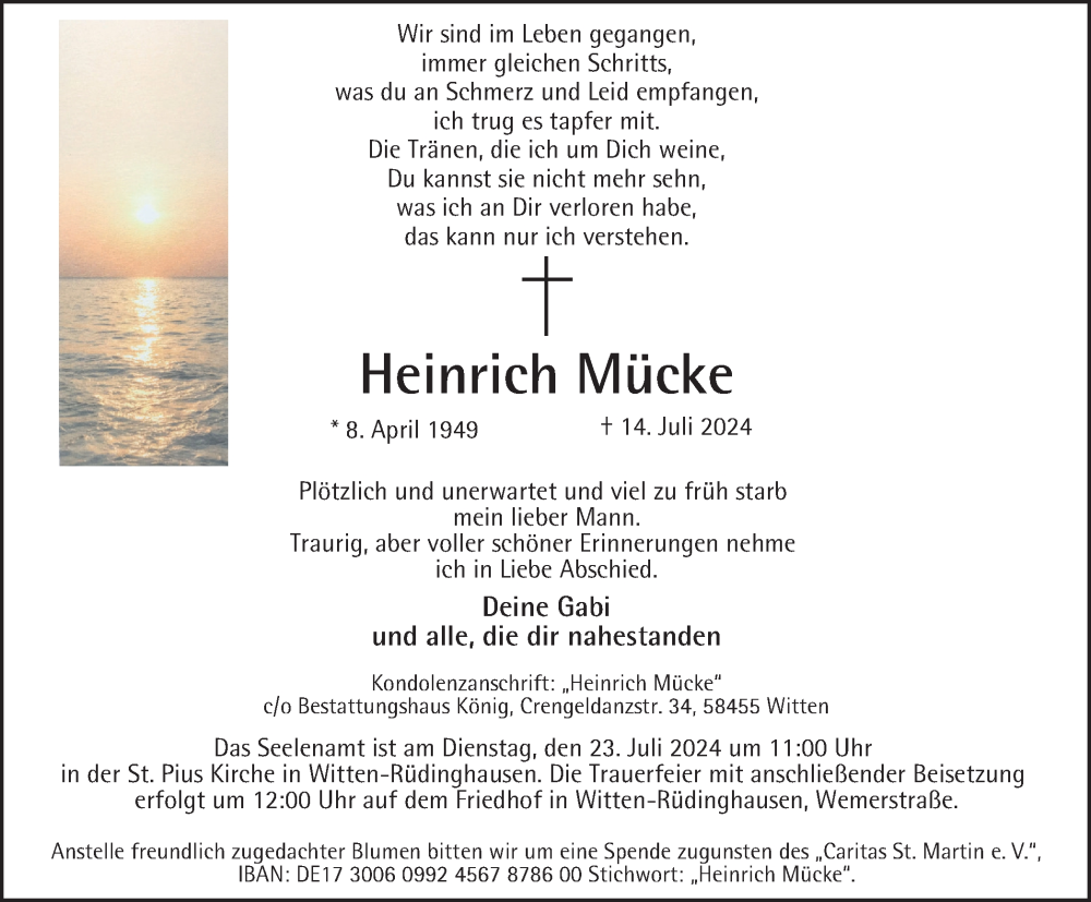  Traueranzeige für Heinrich Mücke vom 20.07.2024 aus Tageszeitung