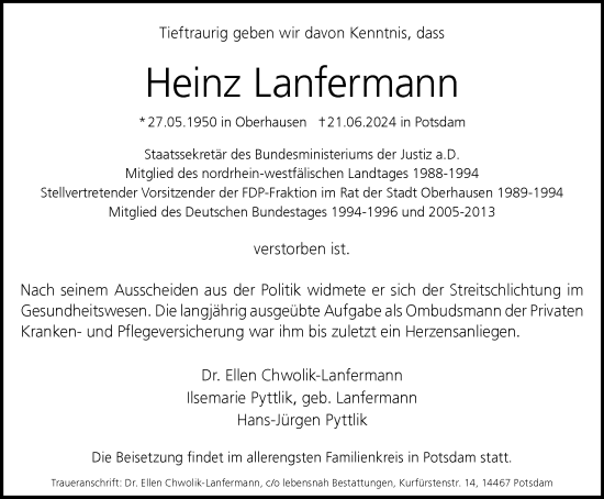 Traueranzeige von Heinz Lanfermann von Tageszeitung